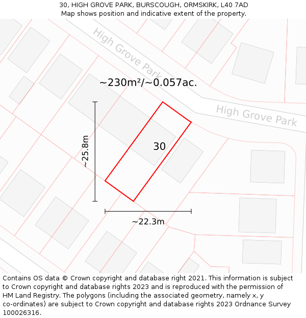 30, HIGH GROVE PARK, BURSCOUGH, ORMSKIRK, L40 7AD: Plot and title map