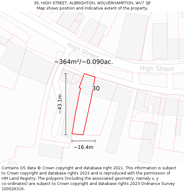 30, HIGH STREET, ALBRIGHTON, WOLVERHAMPTON, WV7 3JF: Plot and title map