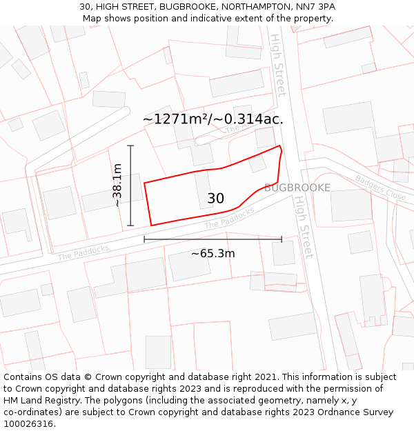 30, HIGH STREET, BUGBROOKE, NORTHAMPTON, NN7 3PA: Plot and title map