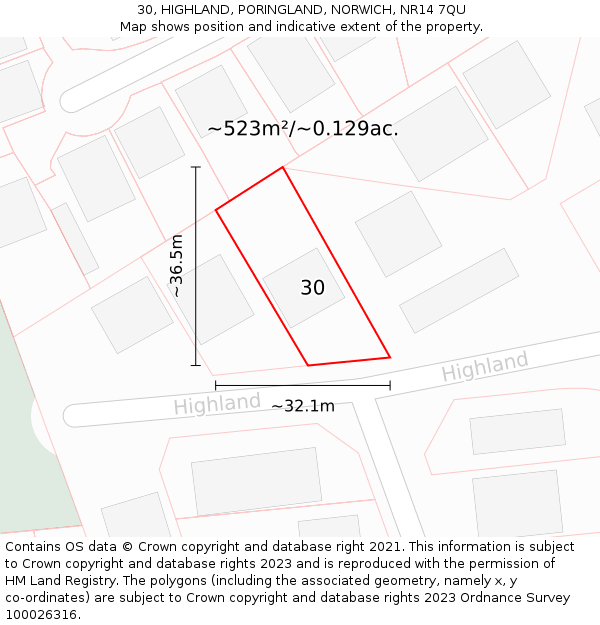 30, HIGHLAND, PORINGLAND, NORWICH, NR14 7QU: Plot and title map