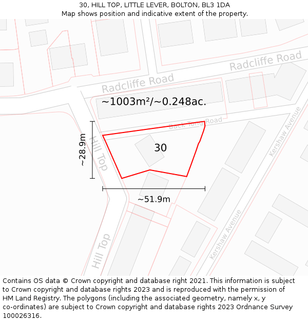 30, HILL TOP, LITTLE LEVER, BOLTON, BL3 1DA: Plot and title map