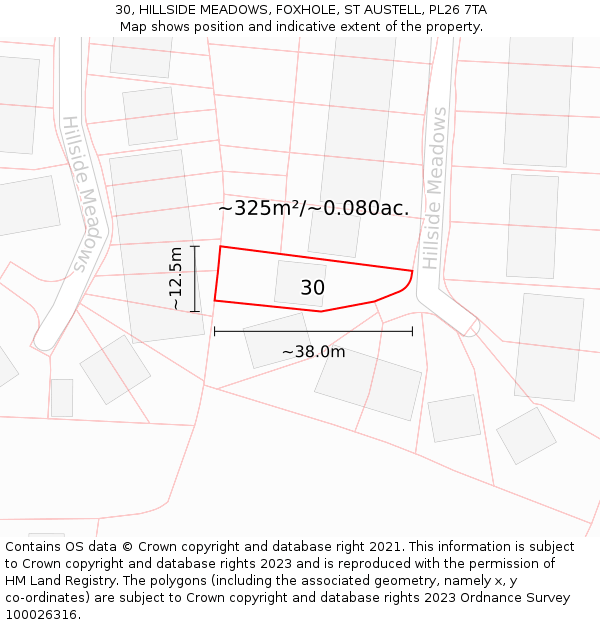 30, HILLSIDE MEADOWS, FOXHOLE, ST AUSTELL, PL26 7TA: Plot and title map