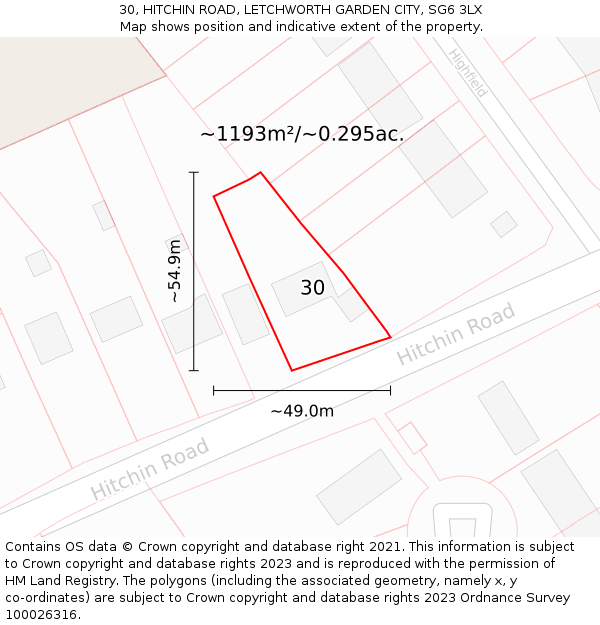 30, HITCHIN ROAD, LETCHWORTH GARDEN CITY, SG6 3LX: Plot and title map