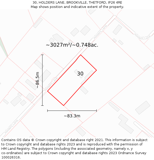 30, HOLDERS LANE, BROOKVILLE, THETFORD, IP26 4RE: Plot and title map