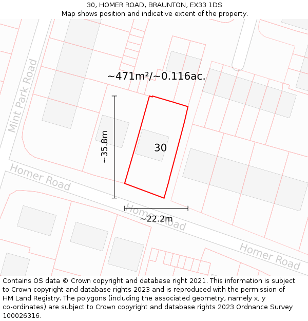 30, HOMER ROAD, BRAUNTON, EX33 1DS: Plot and title map