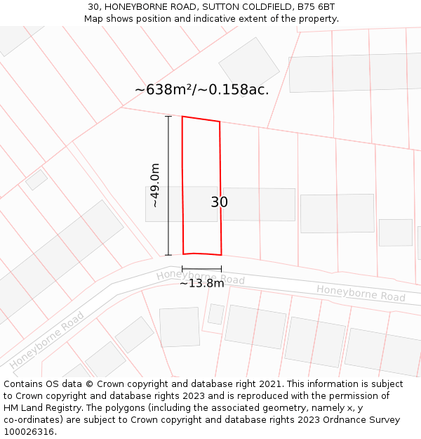 30, HONEYBORNE ROAD, SUTTON COLDFIELD, B75 6BT: Plot and title map