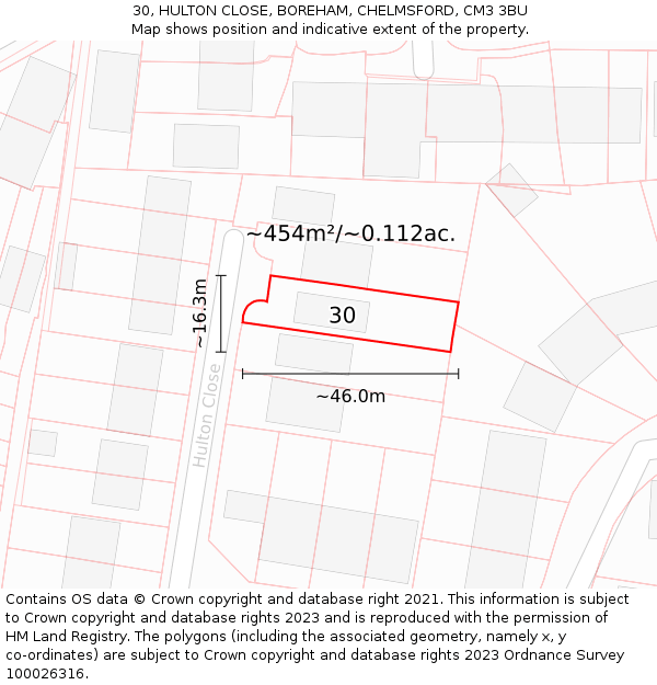 30, HULTON CLOSE, BOREHAM, CHELMSFORD, CM3 3BU: Plot and title map