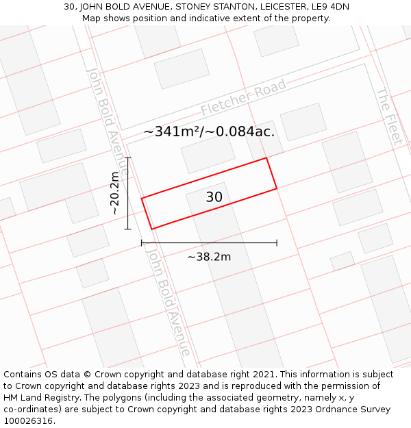 30, JOHN BOLD AVENUE, STONEY STANTON, LEICESTER, LE9 4DN: Plot and title map