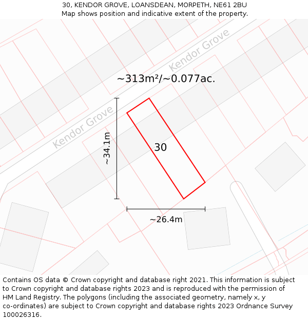 30, KENDOR GROVE, LOANSDEAN, MORPETH, NE61 2BU: Plot and title map