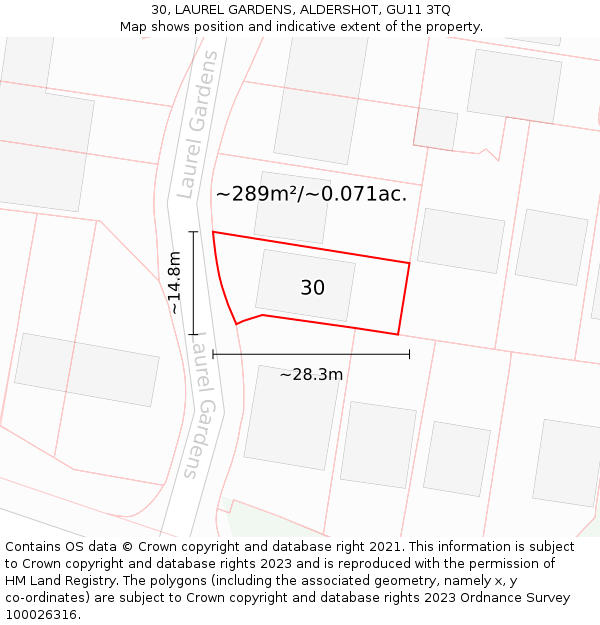 30, LAUREL GARDENS, ALDERSHOT, GU11 3TQ: Plot and title map