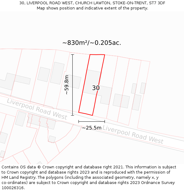 30, LIVERPOOL ROAD WEST, CHURCH LAWTON, STOKE-ON-TRENT, ST7 3DF: Plot and title map