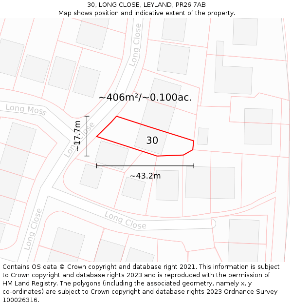 30, LONG CLOSE, LEYLAND, PR26 7AB: Plot and title map