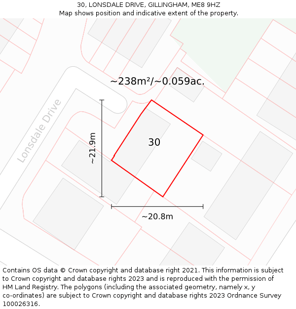 30, LONSDALE DRIVE, GILLINGHAM, ME8 9HZ: Plot and title map