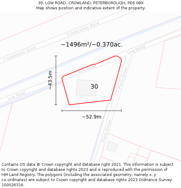 30, LOW ROAD, CROWLAND, PETERBOROUGH, PE6 0BX: Plot and title map