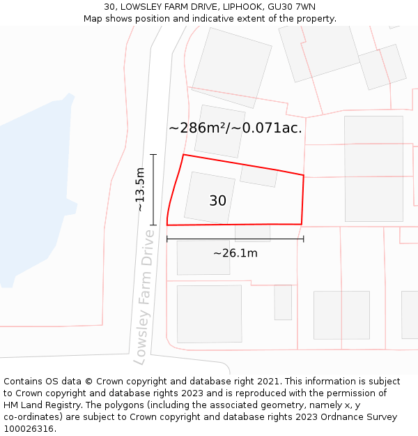 30, LOWSLEY FARM DRIVE, LIPHOOK, GU30 7WN: Plot and title map