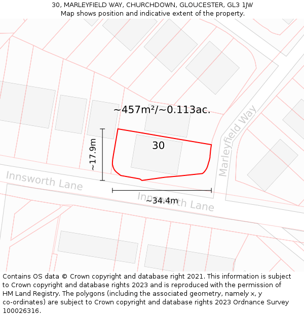 30, MARLEYFIELD WAY, CHURCHDOWN, GLOUCESTER, GL3 1JW: Plot and title map