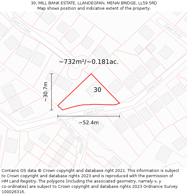 30, MILL BANK ESTATE, LLANDEGFAN, MENAI BRIDGE, LL59 5RD: Plot and title map