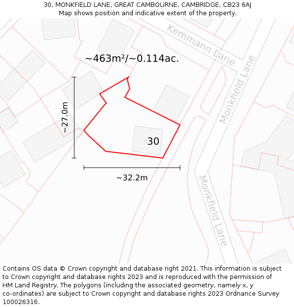 30, MONKFIELD LANE, GREAT CAMBOURNE, CAMBRIDGE, CB23 6AJ: Plot and title map