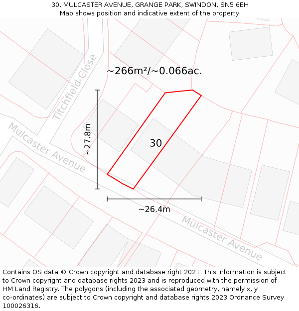 30, MULCASTER AVENUE, GRANGE PARK, SWINDON, SN5 6EH: Plot and title map