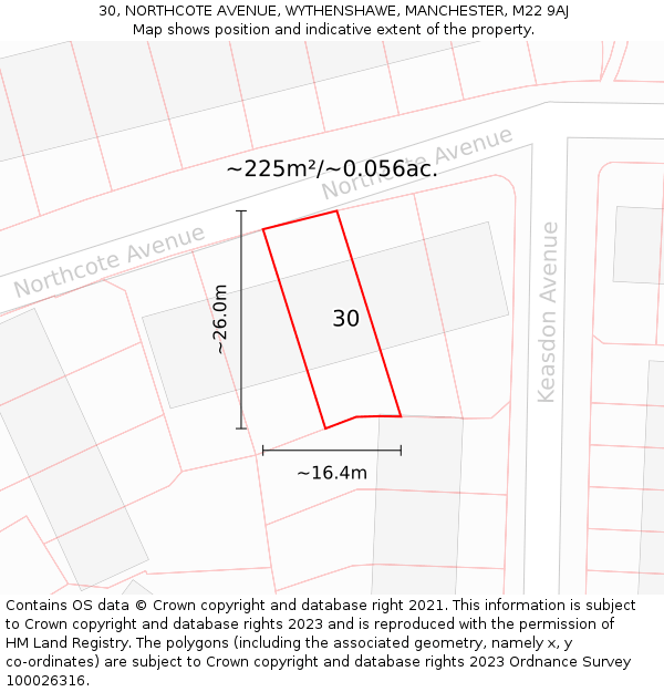 30, NORTHCOTE AVENUE, WYTHENSHAWE, MANCHESTER, M22 9AJ: Plot and title map