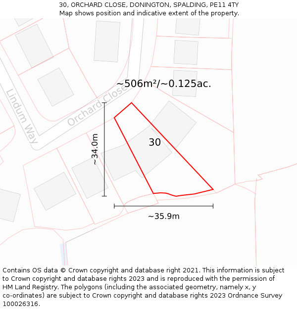 30, ORCHARD CLOSE, DONINGTON, SPALDING, PE11 4TY: Plot and title map