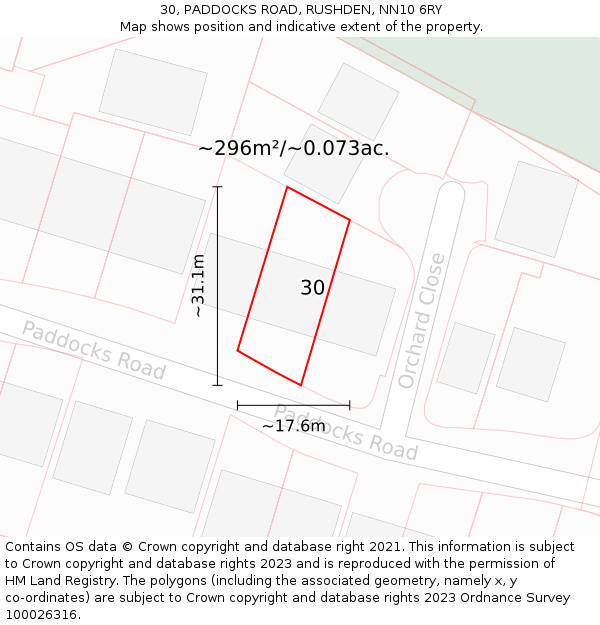 30, PADDOCKS ROAD, RUSHDEN, NN10 6RY: Plot and title map