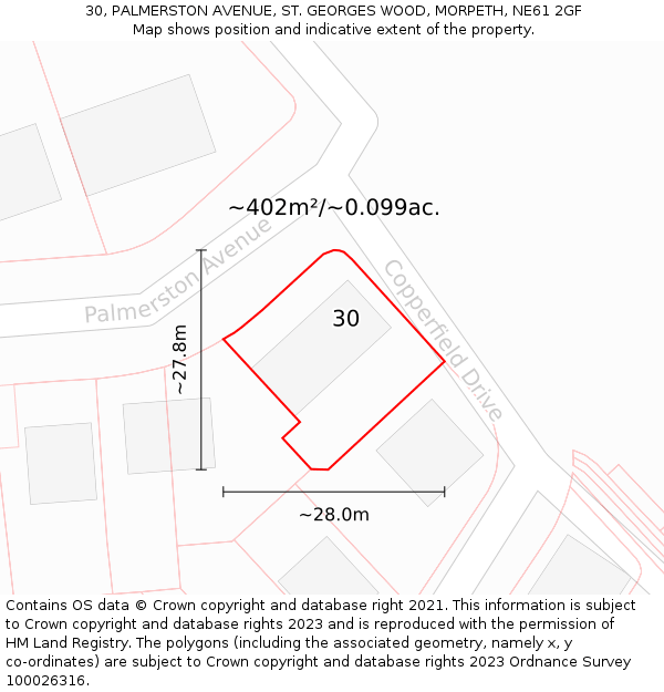 30, PALMERSTON AVENUE, ST. GEORGES WOOD, MORPETH, NE61 2GF: Plot and title map