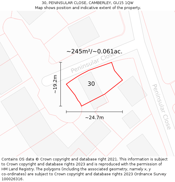 30, PENINSULAR CLOSE, CAMBERLEY, GU15 1QW: Plot and title map