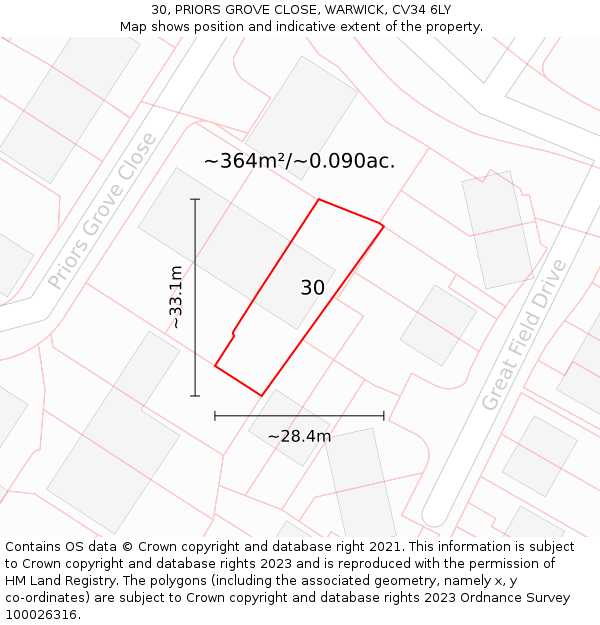 30, PRIORS GROVE CLOSE, WARWICK, CV34 6LY: Plot and title map