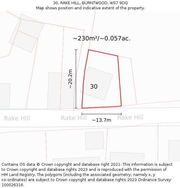 30, RAKE HILL, BURNTWOOD, WS7 9DQ: Plot and title map