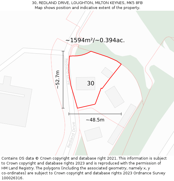 30, REDLAND DRIVE, LOUGHTON, MILTON KEYNES, MK5 8FB: Plot and title map