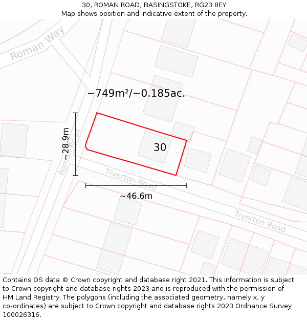 30, ROMAN ROAD, BASINGSTOKE, RG23 8EY: Plot and title map