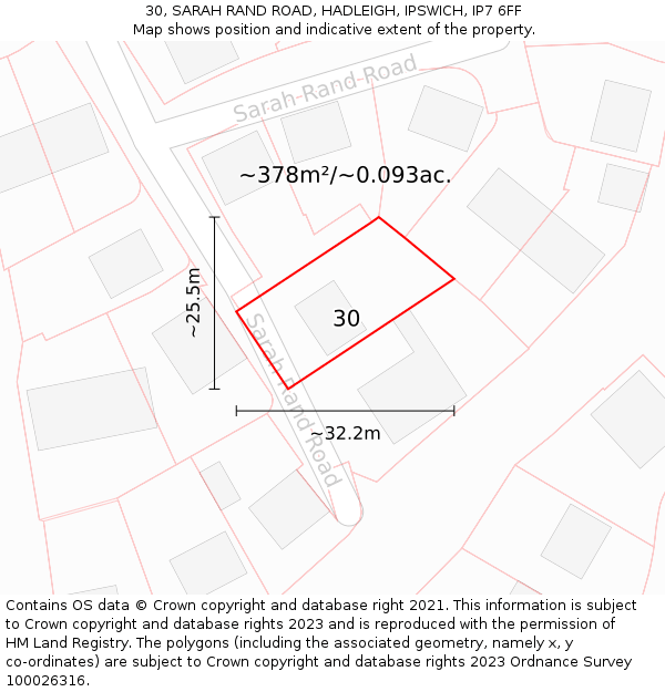 30, SARAH RAND ROAD, HADLEIGH, IPSWICH, IP7 6FF: Plot and title map