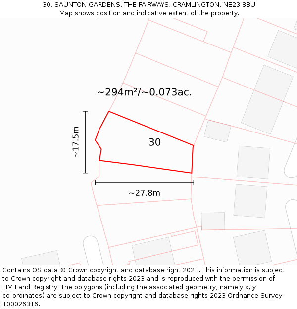 30, SAUNTON GARDENS, THE FAIRWAYS, CRAMLINGTON, NE23 8BU: Plot and title map