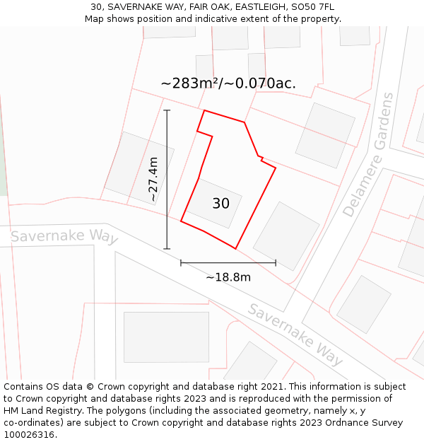 30, SAVERNAKE WAY, FAIR OAK, EASTLEIGH, SO50 7FL: Plot and title map