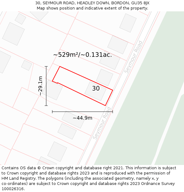 30, SEYMOUR ROAD, HEADLEY DOWN, BORDON, GU35 8JX: Plot and title map