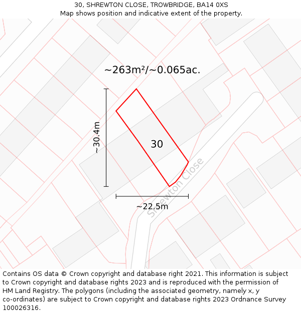 30, SHREWTON CLOSE, TROWBRIDGE, BA14 0XS: Plot and title map