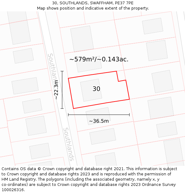 30, SOUTHLANDS, SWAFFHAM, PE37 7PE: Plot and title map