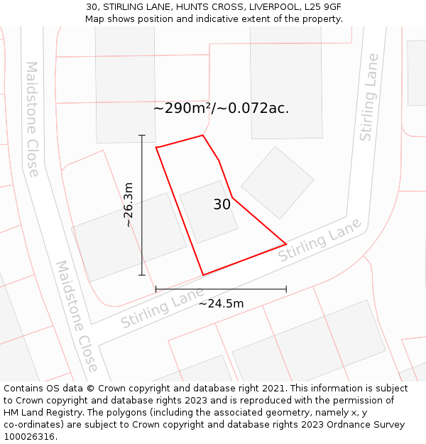 30, STIRLING LANE, HUNTS CROSS, LIVERPOOL, L25 9GF: Plot and title map