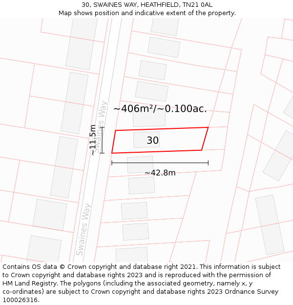 30, SWAINES WAY, HEATHFIELD, TN21 0AL: Plot and title map