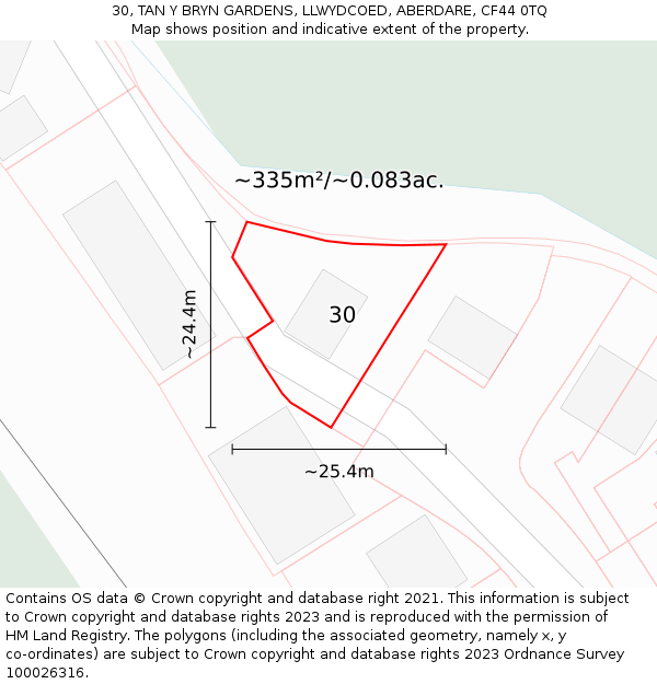 30, TAN Y BRYN GARDENS, LLWYDCOED, ABERDARE, CF44 0TQ: Plot and title map