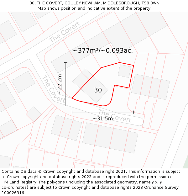 30, THE COVERT, COULBY NEWHAM, MIDDLESBROUGH, TS8 0WN: Plot and title map