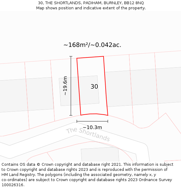 30, THE SHORTLANDS, PADIHAM, BURNLEY, BB12 8NQ: Plot and title map