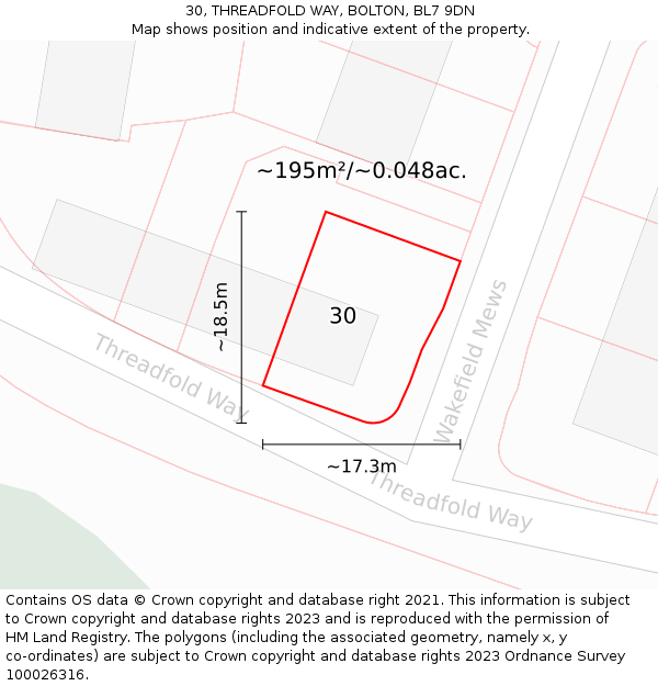 30, THREADFOLD WAY, BOLTON, BL7 9DN: Plot and title map