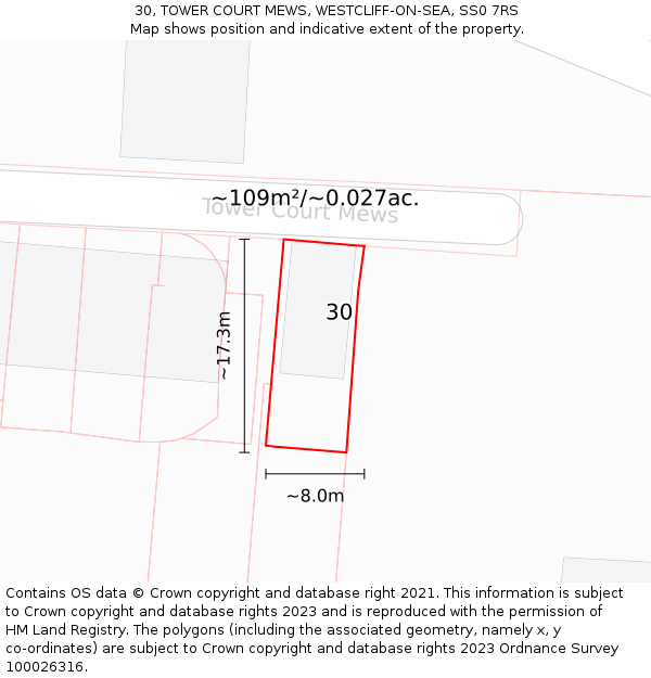 30, TOWER COURT MEWS, WESTCLIFF-ON-SEA, SS0 7RS: Plot and title map