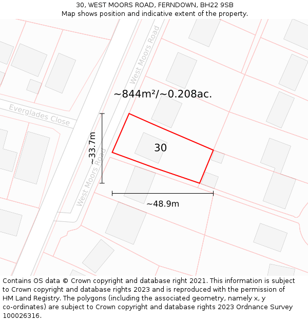 30, WEST MOORS ROAD, FERNDOWN, BH22 9SB: Plot and title map