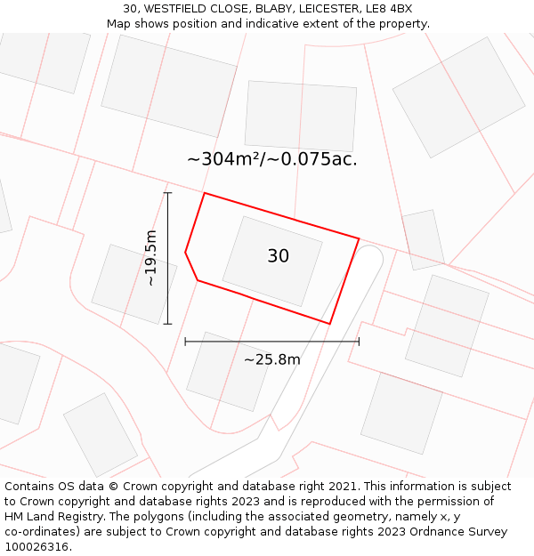 30, WESTFIELD CLOSE, BLABY, LEICESTER, LE8 4BX: Plot and title map