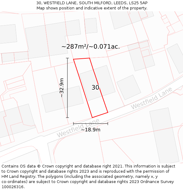 30, WESTFIELD LANE, SOUTH MILFORD, LEEDS, LS25 5AP: Plot and title map