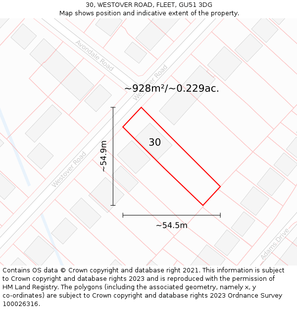 30, WESTOVER ROAD, FLEET, GU51 3DG: Plot and title map