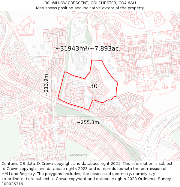 30, WILLOW CRESCENT, COLCHESTER, CO4 6AU: Plot and title map